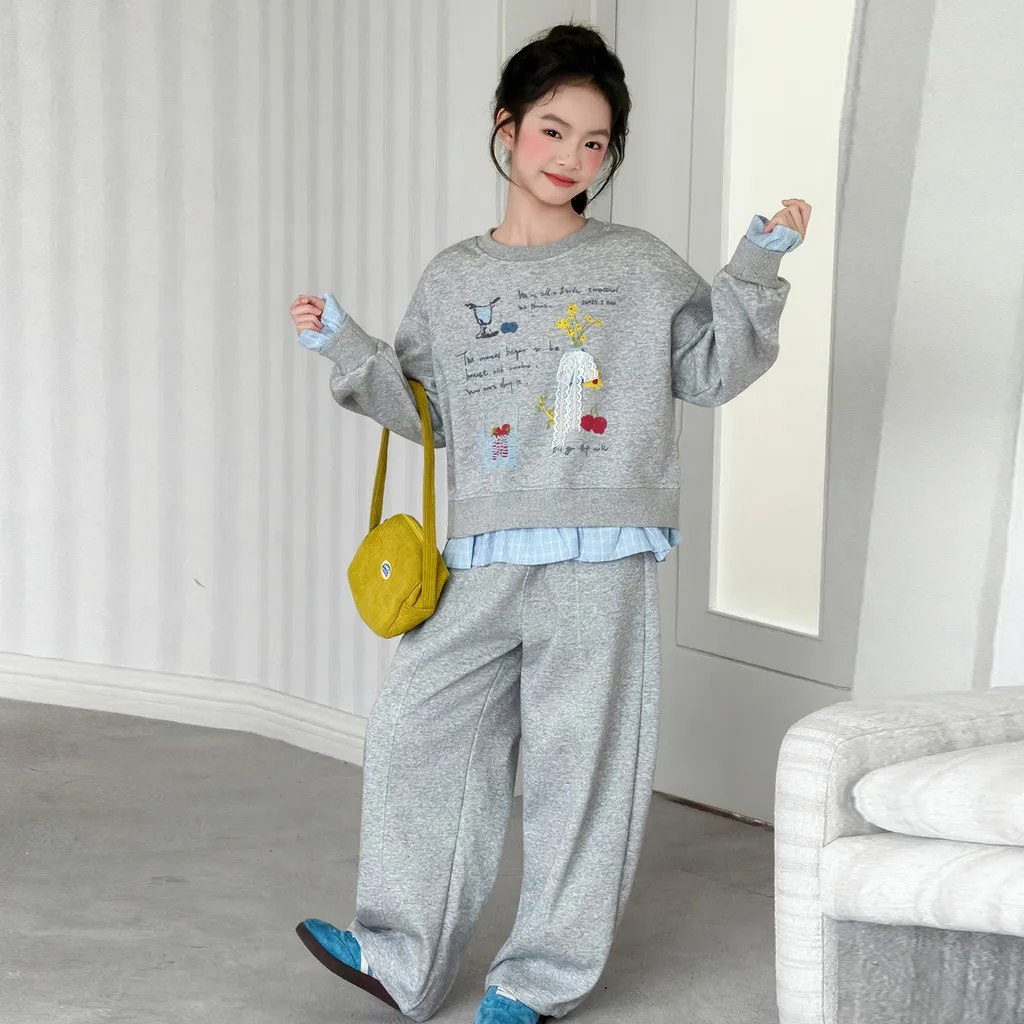 Children Clothes Suit Girls Autumn Gray Sweatshirt and Wide Leg Pants 2 Piece Set 2026