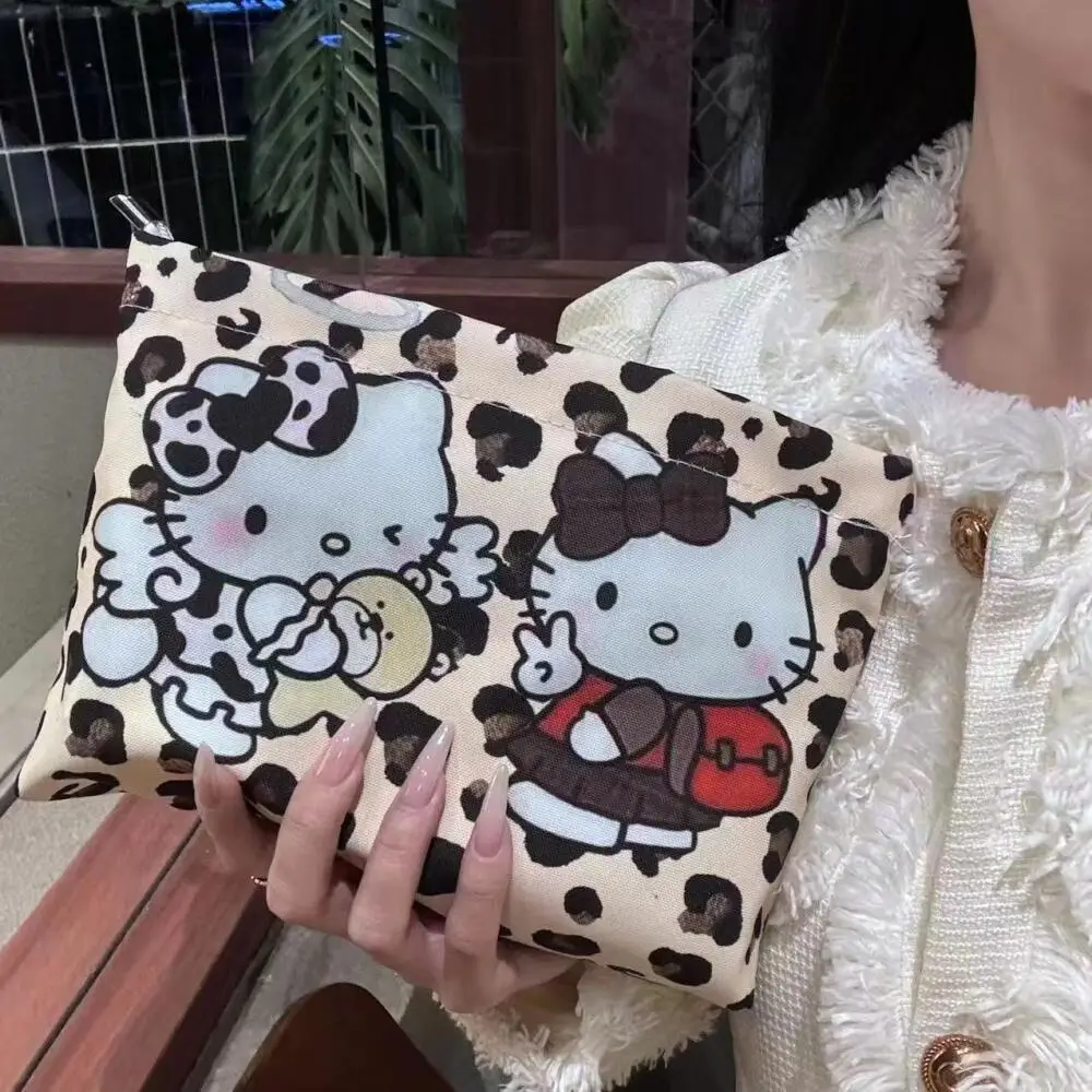 Sanrio Hello Kitty Leopard Print Hand Bag Cartoon Large Capacity Kitty Cat Cosmetic Bag Maillard Washing Storage Bags Gifts