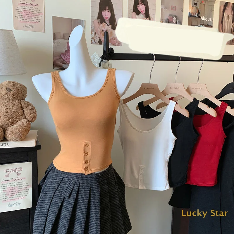 Simple Solid Color Camisole Vest For Women With Waist-hugging Button-slit Design Short Top