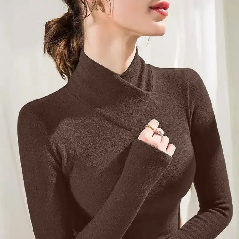 

Корейский стиль, осенний плюшевый полувырез с v-образным вырезом, внутренний теплый топ, зимняя женская футболка с длинными рукавами, базовая рубашка, повседневное теплое нижнее белье