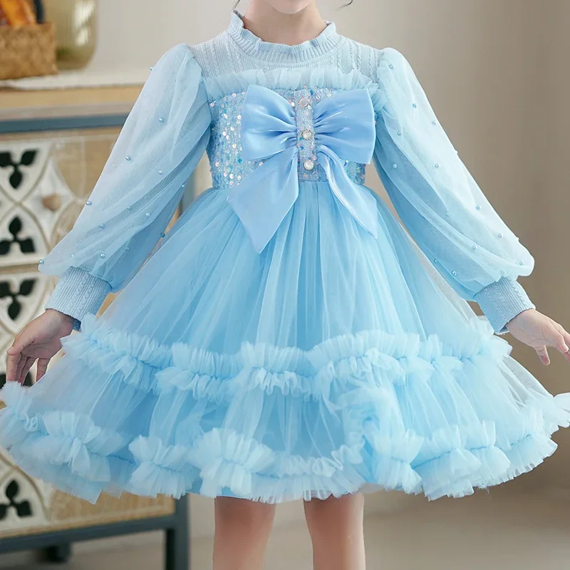 Robe courte en maille à pompadour pour filles, tenue de princesse à fleurs, manches lanternes, # M231