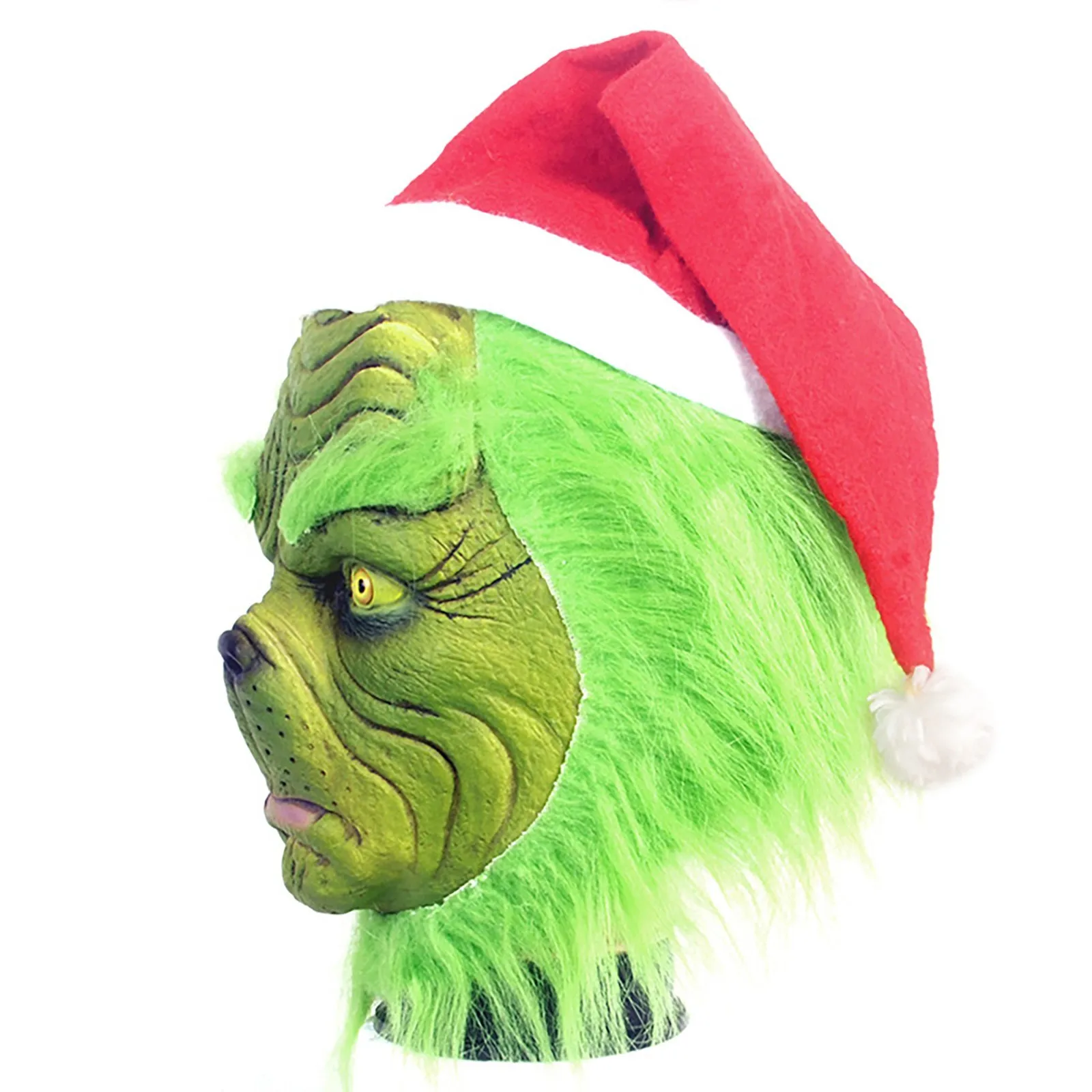 Chirstmas Halloween Mask, Thief Green Furry Latex Mask Funny Props Horror Atmosphere Masquerade Mask, Happy Party Cosplay Props