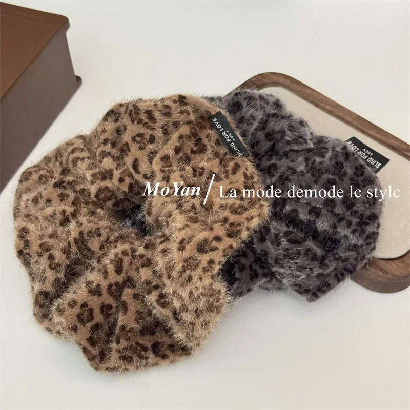 Gray coffee leopard print plush large intestine hairband retro simple  head flower low ponytail hair rope temperament headband