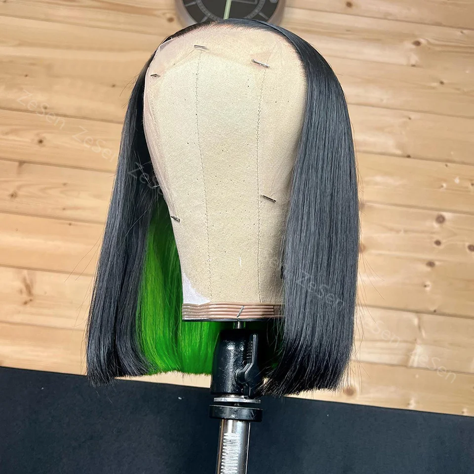 

Hot Synthetic Black Highligh Pink Green Colored Lace Frontal Wig Short Bob Straight Heat Resistant Fiber Hair Cosplay Dailyy Use