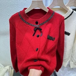 Autumn/Winter Knitted Cardigan Red Sweater Single breasted Gentle Fragrant Style Korean Diamond Bead Nail Bead Coat