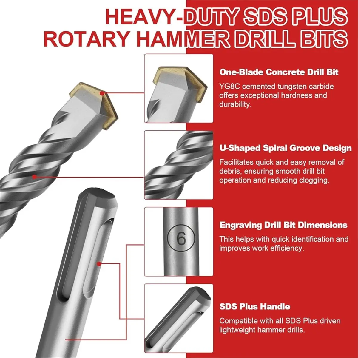 

13Pcs SDS Plus Rotary Hammer Drill Bits and Chisel Set, Carbide Tipped Rotary Hammer Drill Bits Concrete Drill Bit