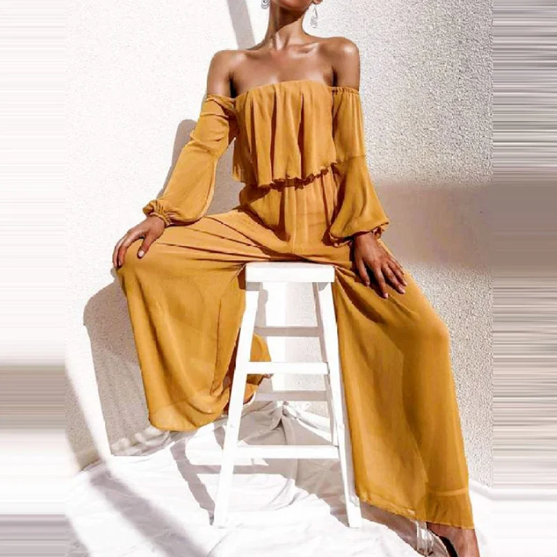 2024 Summer Women New One Shoulder Long Sleeves Fashion Chiffon Jumpsuit Casual Solid Color Elegant Slim Holiday Jumpsuit Autumn