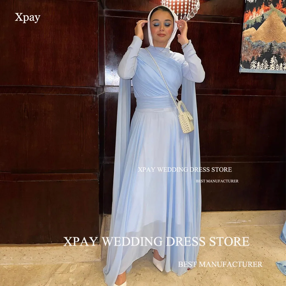 

XPAY Modern A Line Muslim Arabic Evening Dresses Sky Blue O-Neck Flare Long Full Sleeves Formal Prom Owns Occasion Party Dress