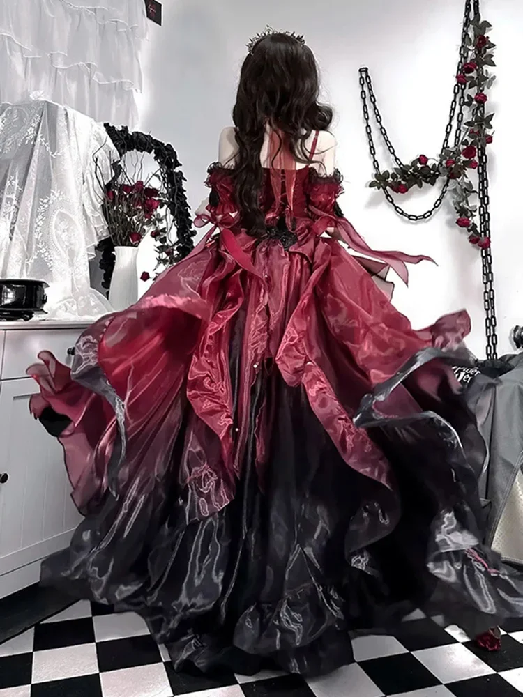 Robe de Mariée Rouge à Fleurs Sombre, Cosplay de Princesse Lolita Bouffante, 2025