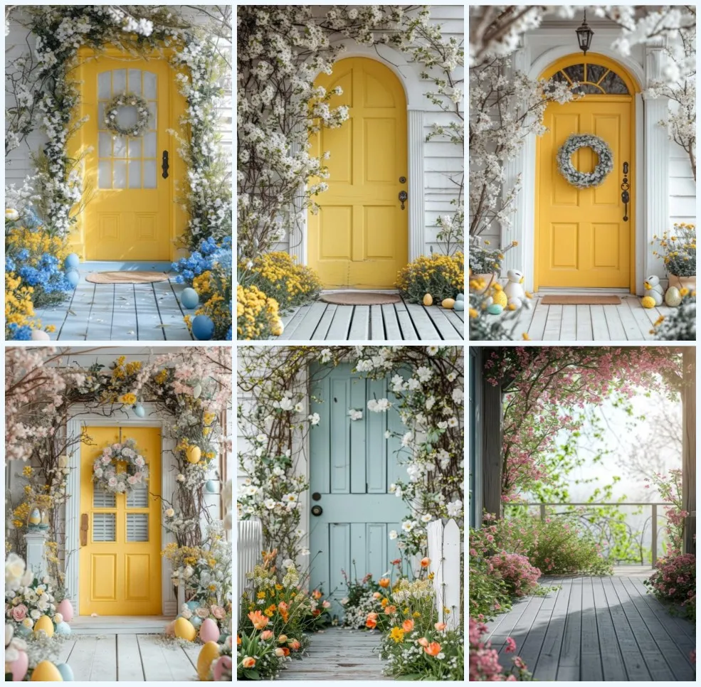 Mehofond Spring Easter Backdrop Photography Baby Shower Kids Portrait Photo Backdrop Floral Yellow Wooden Door Eggs Photo Studio