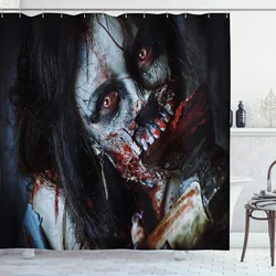 Halloween Zombie Shower Curtain,Scary Dead Woman with A Bloody Tool Evil Fantasy Gothic Mystery Halloween Bathroom Curtain Set