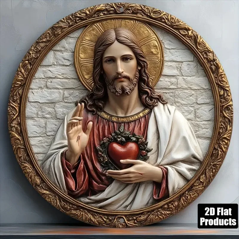 Placa de Metal Sagrado Coração de Jesus 6x6 Decoração Religiosa para Casa e Escritório