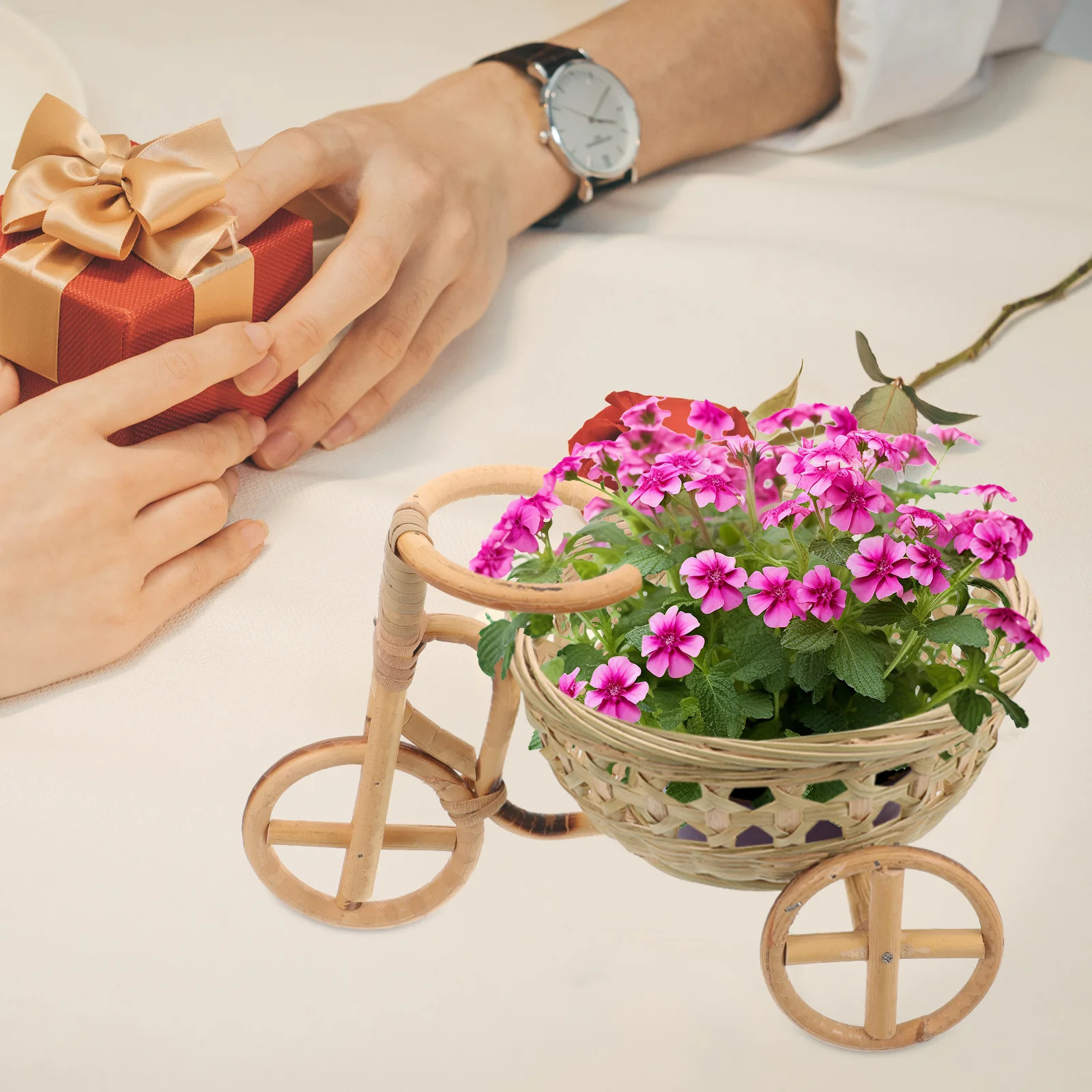 

Mini Tricycle Basket Bamboo Woven Storage Decor For Home Wedding Party Table Desktop Farmhouse Ornament Small Planter