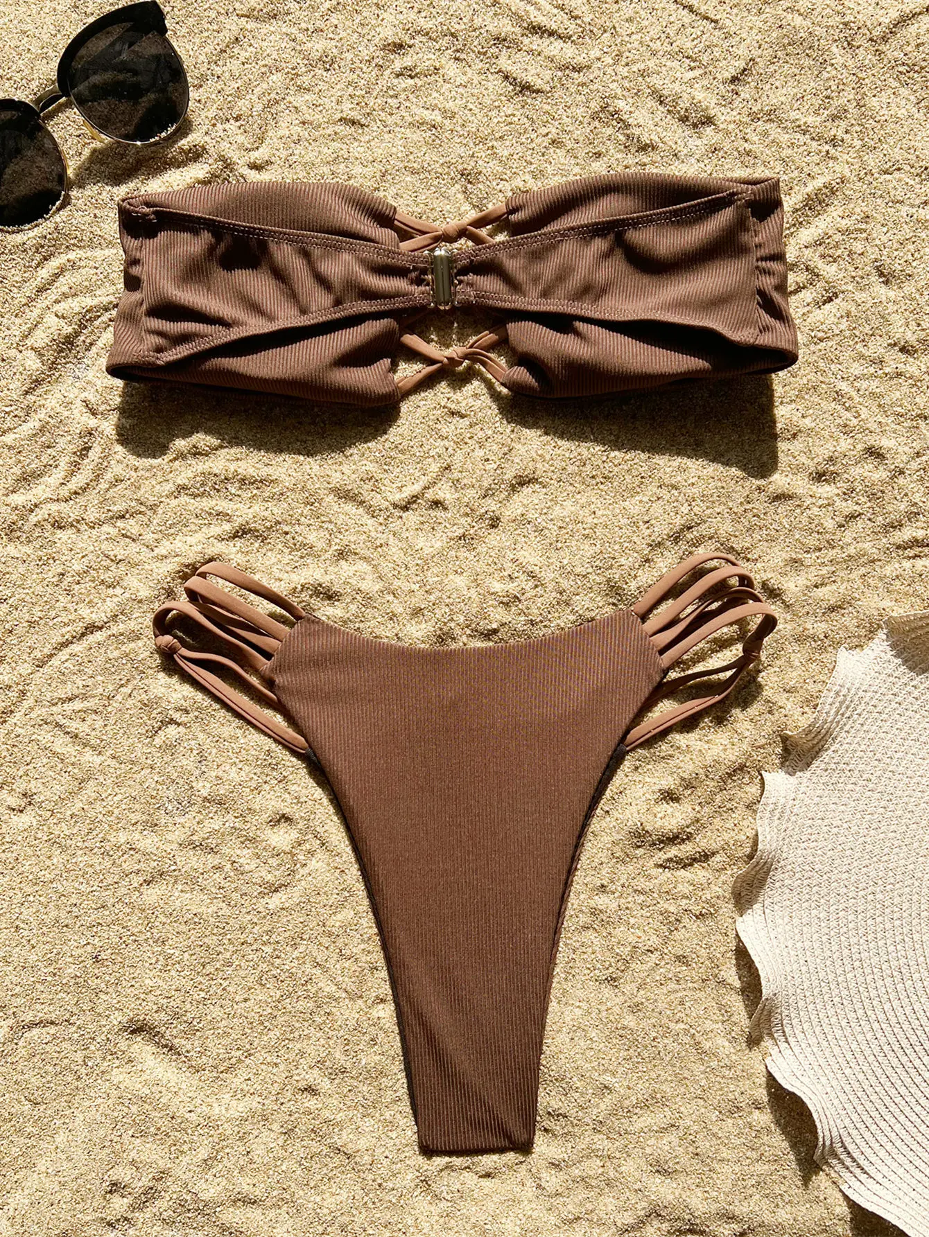 sexy coffee color bandeau bikinis sets two pieces bandage high waist padded bathing suit beach wear women swimsuits biquini