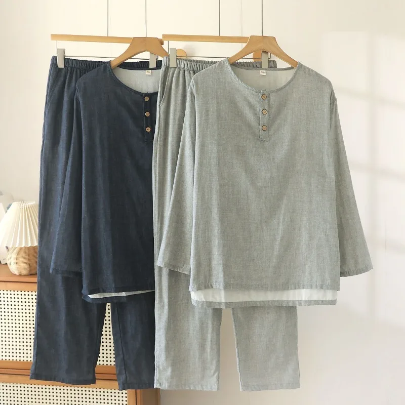 2027 New Spring and Autumn Men's Pajama Set 100% Cotton Solid Color Round Neck Long Sleeve Long Pants Home Clothes Two Piece Set