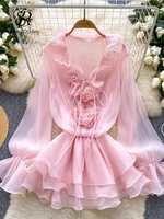 SINGREINY 3D Floral Beach Short Dress Female Long Sleeves Lace Up Ruffle Chiffon Cake Sundress Sheer Sexy Vintage Bohemian Dress