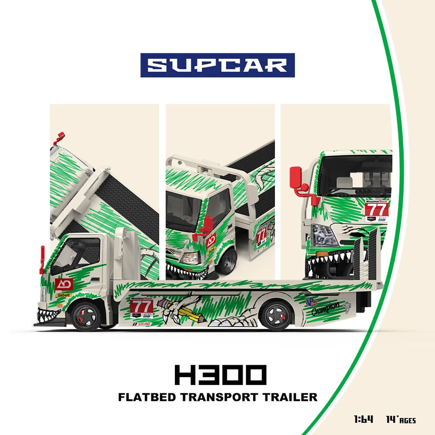 sc-1-64-h300-flatbed-transport-trailer-no-77-white-and-green-graffiti-green-dinosaur-alloy-cast-automobile-model