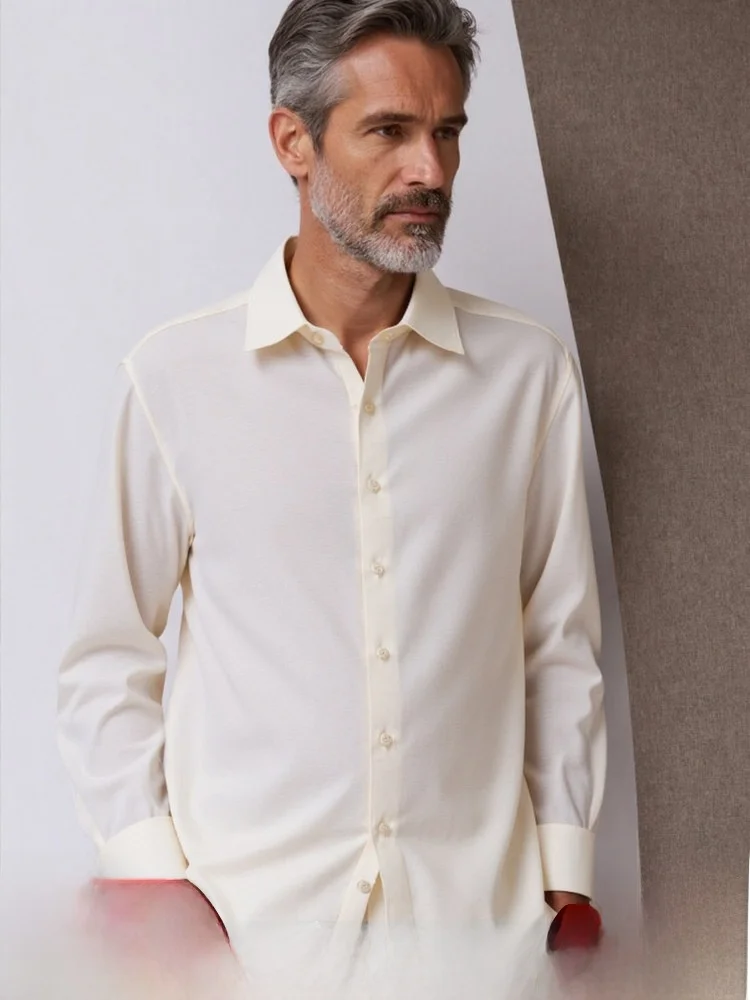 

High-End Men's Long Sleeve Shirt Linen Lyocell Blend Breathable Comfortable Autumn Winter Business Style Standard Fit Pure Color