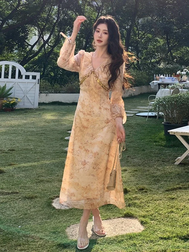 Women Clothes Chiffon Sweet Floral Print Puff Sleeve Slim A-Line Long Dress Elegant Lady Party Vestidos Robe Casual Autumn