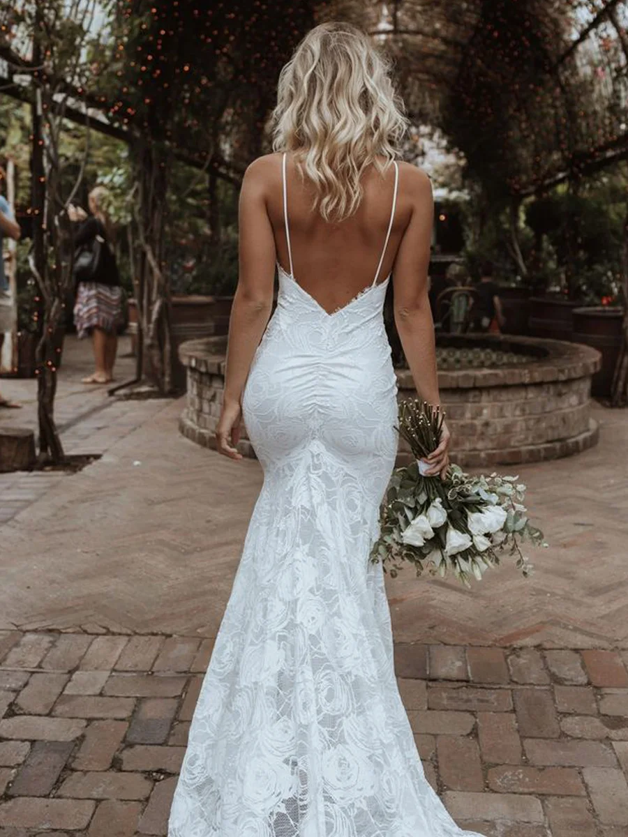 Boho Mermaid Wedding Dress Spaghetti Straps Lace Backless Beach Bohemian Bridal Gown Vestidos De Noiva