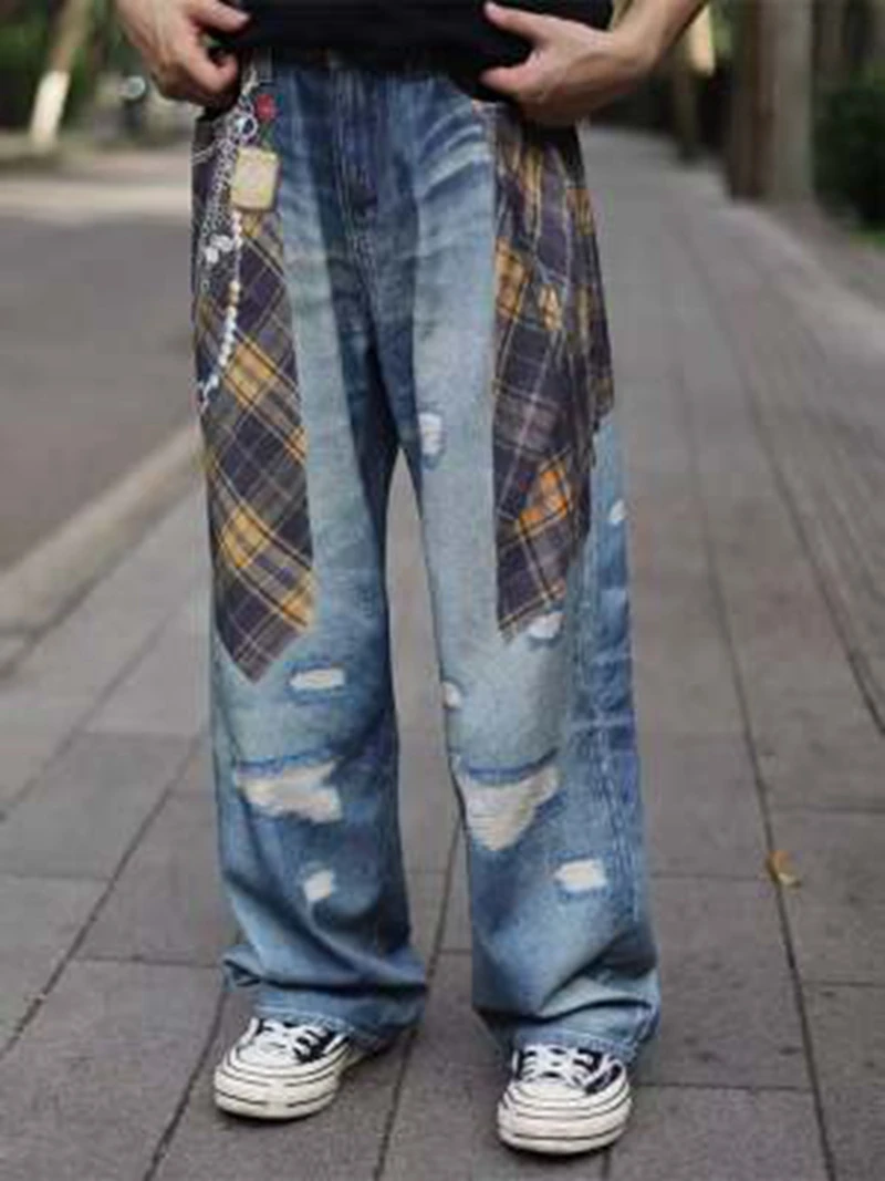 Y2k baggy jeans feminino angustiado xadrez corrente buracos 3d impressão baixa ascensão calças de perna larga moda hip hop streetwear calças skater
