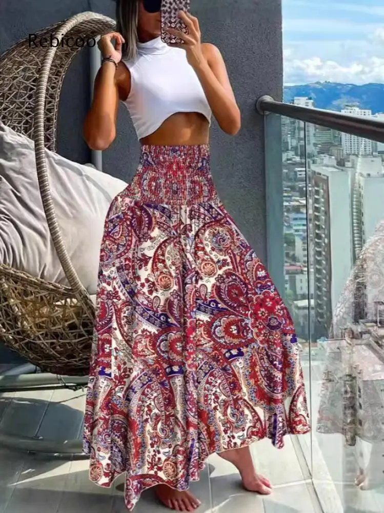 Vintage Floral Printed Flared Maxi Skirt For Women Smocked Waist For Social Gatherings And Fashion Boho Casual Daily Outfits