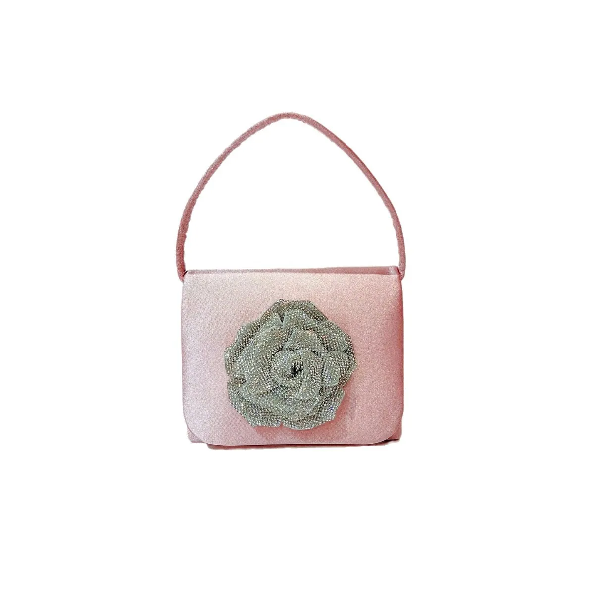 Soft Pink Satin 3D Crystal Rose Mini Handheld Clutch Luxury Evening Purse For Mature Women Wedding Date Elegant Formal Handbag