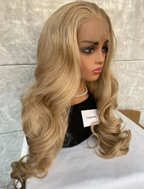 Perruque Lace Front Wig synthétique naturelle ondulée, cheveux humains, blond, long, mélange thermique, pour femmes