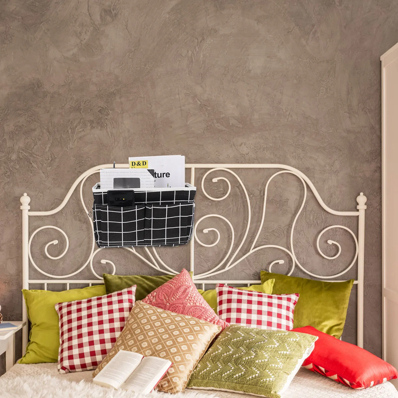

Hanging Storage Pouch Woven Baskets Dorm Bag Black Iron Holder Bedside Tidy Container Cloth Pouch For Phone Books Bottle Storage