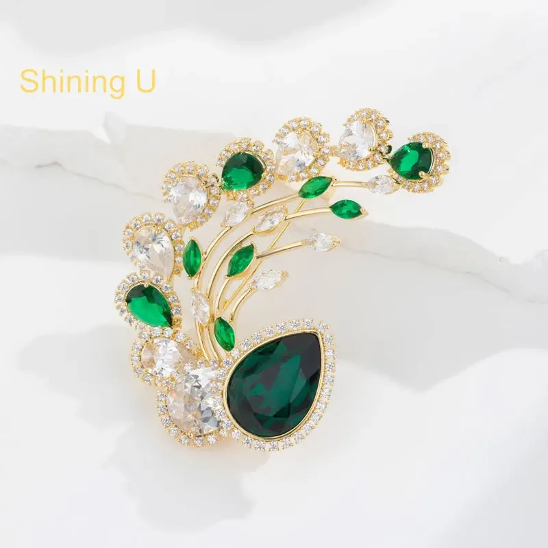 Shining U Luxury Waterdrop Peacock Feather Brooch for Women Fashion Accessory Gift