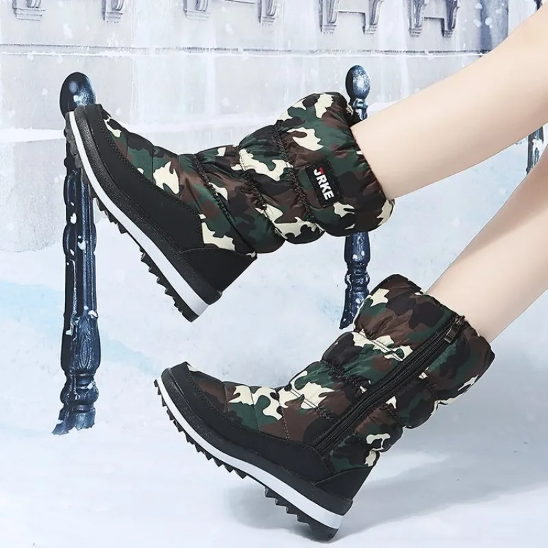 Womens Winter Boots with Fur Warmth Non-slip Mid-calf Snow Boot Female Casual Comfort Round Toe Skateboard Shoes Botas Femininas