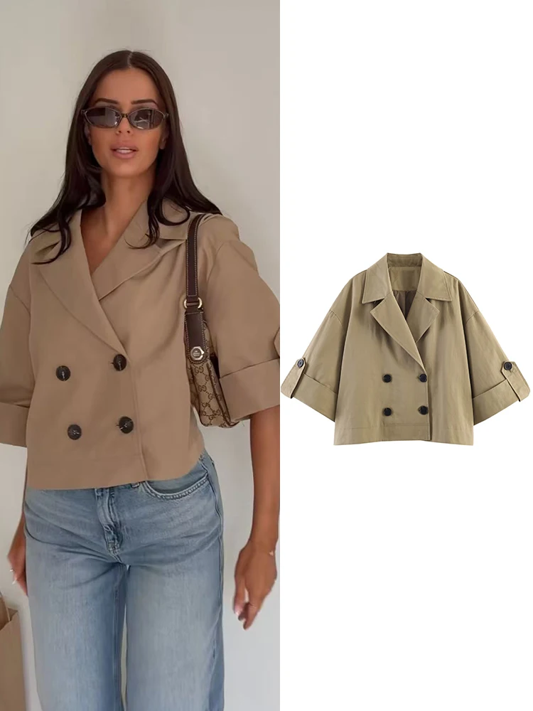 Kurzer Trenchcoat für Damen, zweireihig, halbe Ärmel, kurze Windjacke, einfarbig, locker, lässig, Oberbekleidung, modisch, Sommer, neu