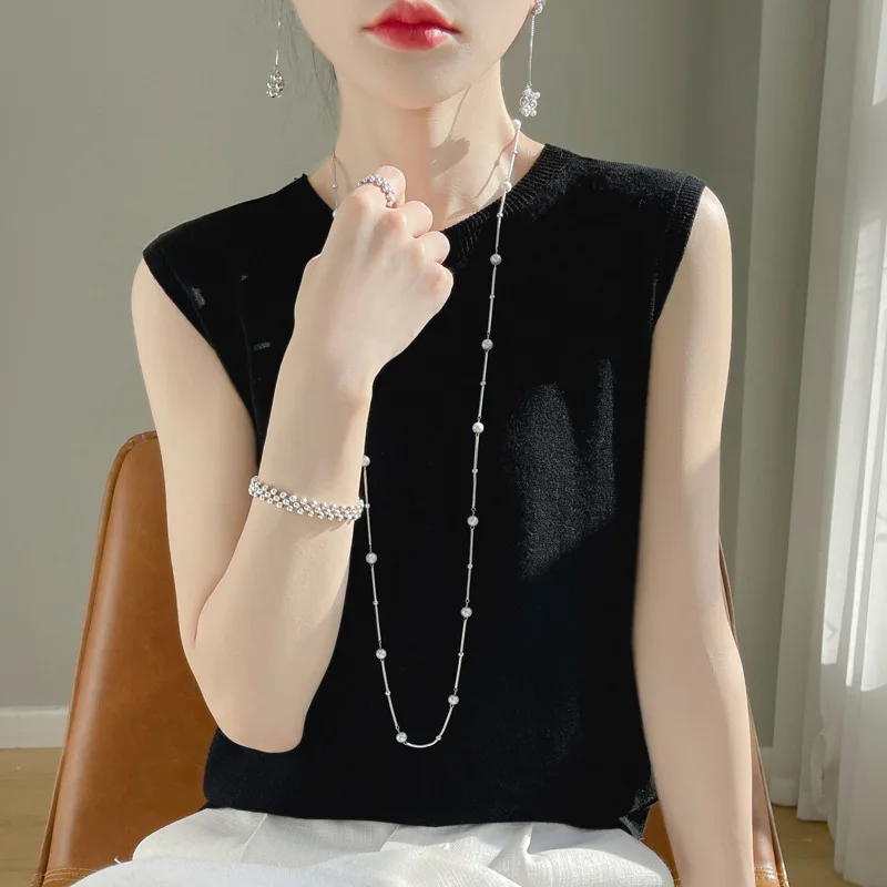 Topy damskie Dzianinowe podkoszulki O-neck Bez rękawów Koszulki z dołem Wiosna Lato Tank Top Solidny Miękki Koreański Moda Damska Dzianinowy Top — zdjęcie 4