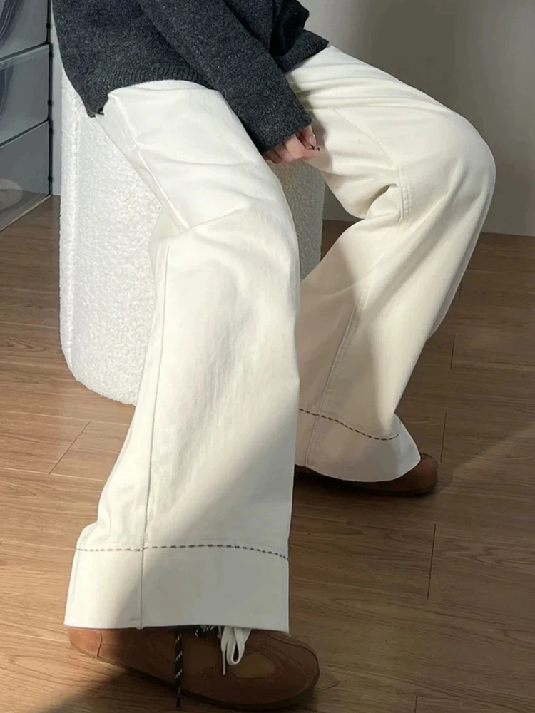 

Большие размеры, американские светло-бежевые джинсовые брюки, женские весенне-осенние свободные джинсы с высокой талией и широкими штанинами