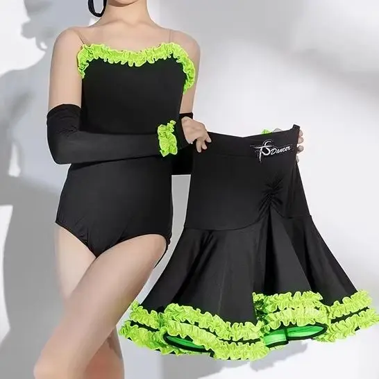 

Детское черное платье для латиноамериканских танцев с зелеными рюшами и драпировкой, на тонких бретелях, для сальсы и танго, с костюмом для выступлений