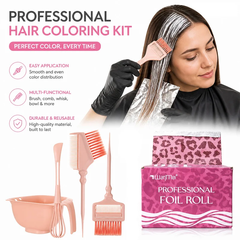 Professional Hair Coloring Kit Hair Dye Bowl Brush Comb Whisk with Foil Roll Reusable DIY Salon Hair Dyeing Tools Set for Home Hair Bleach Highlighting