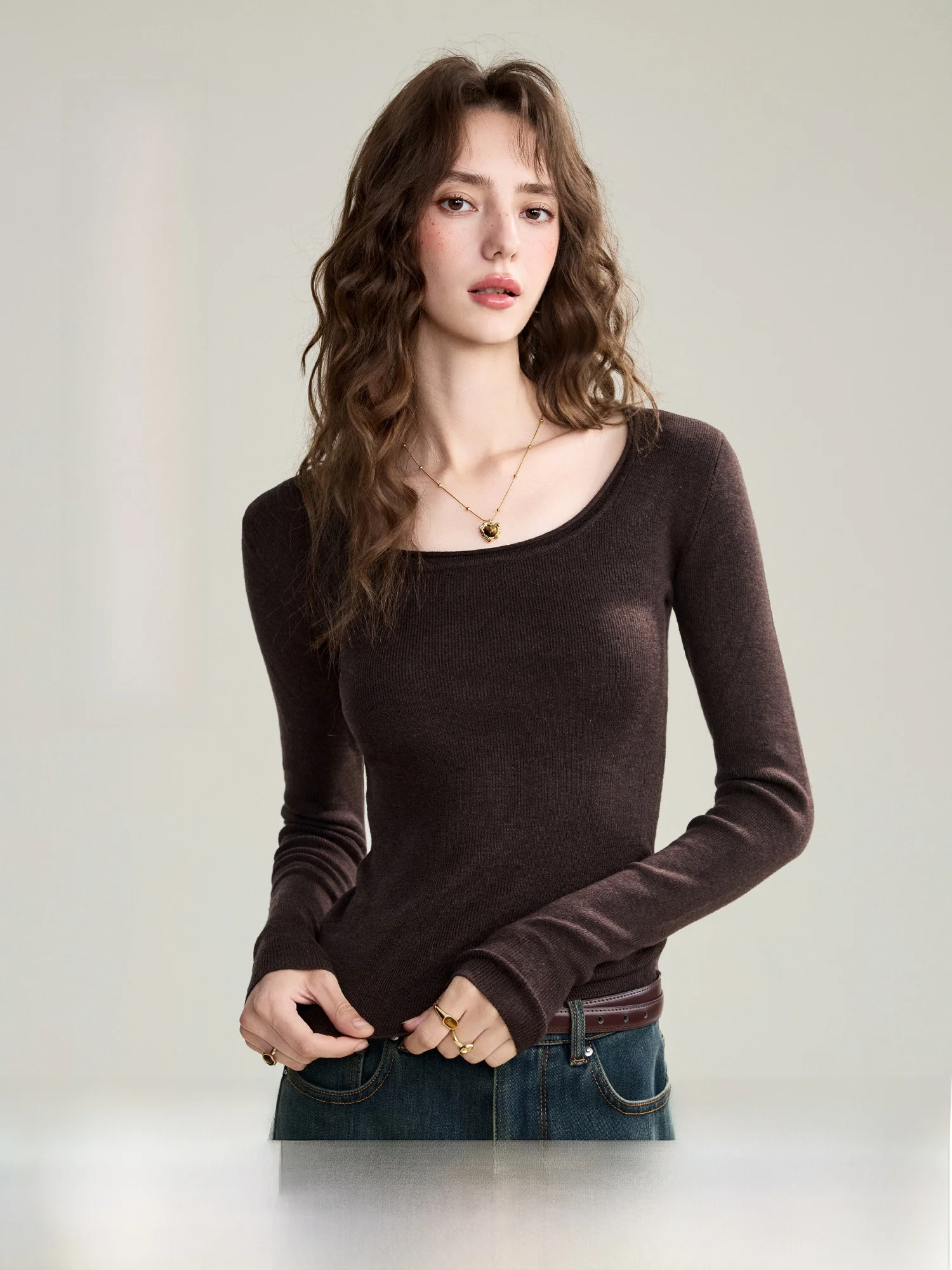 

Slimming Secret Large U-Ne Versatile Base irt Knitted Sweater Soft Wool Silk Blend Winter Warm Long Sve Women's Top