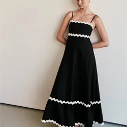 Traf Female Dress Summer Lace Patchwork Frock Elegant Printed A-line Dress Suspender Strapless Dress Long Skirt Casual Vestido