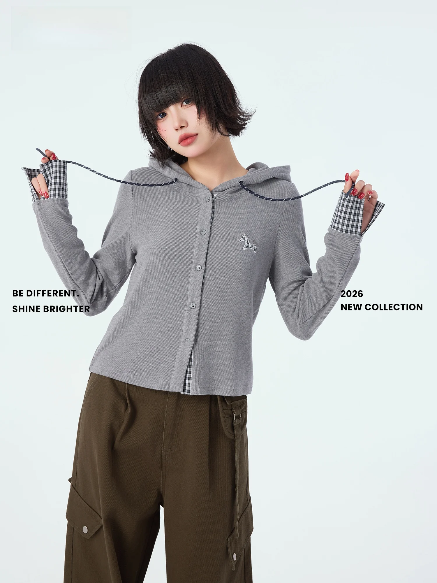 

Didimax Spring New Plaid Splicing ort Knitted Top Women's Original irt Casual Comfortable Long Sve Button Closure