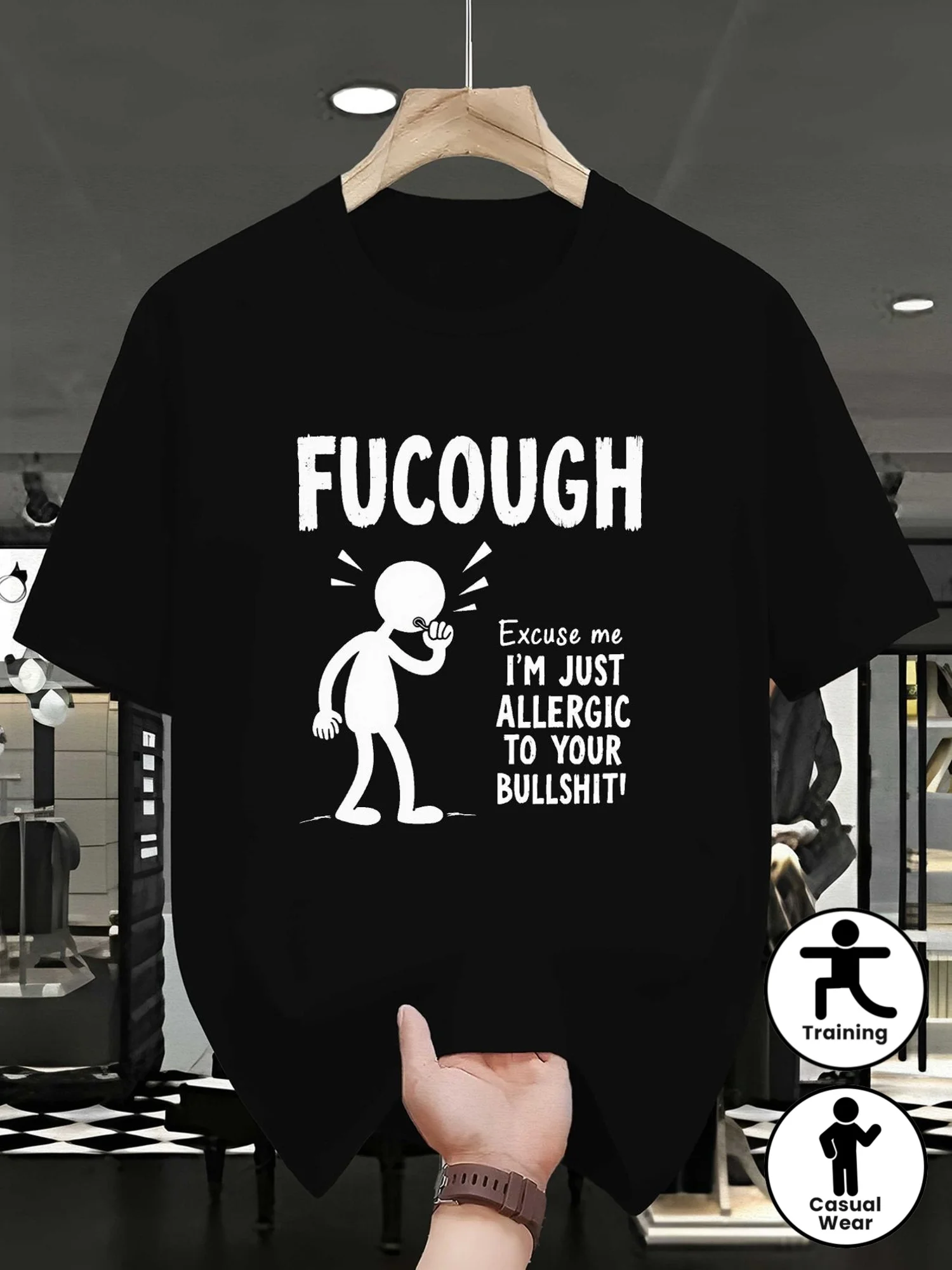 FUCOUGH Men's Sarcastic Humor T-Shirt - Funny Short Sleeve Round Neck Tee Suitable for Allergy Season, Gym, Outdoor & Parties, Machine Washable Casual Wear Gift for Laugh-Loving Individuals, Year-Round Comfort for Training and Daily Use