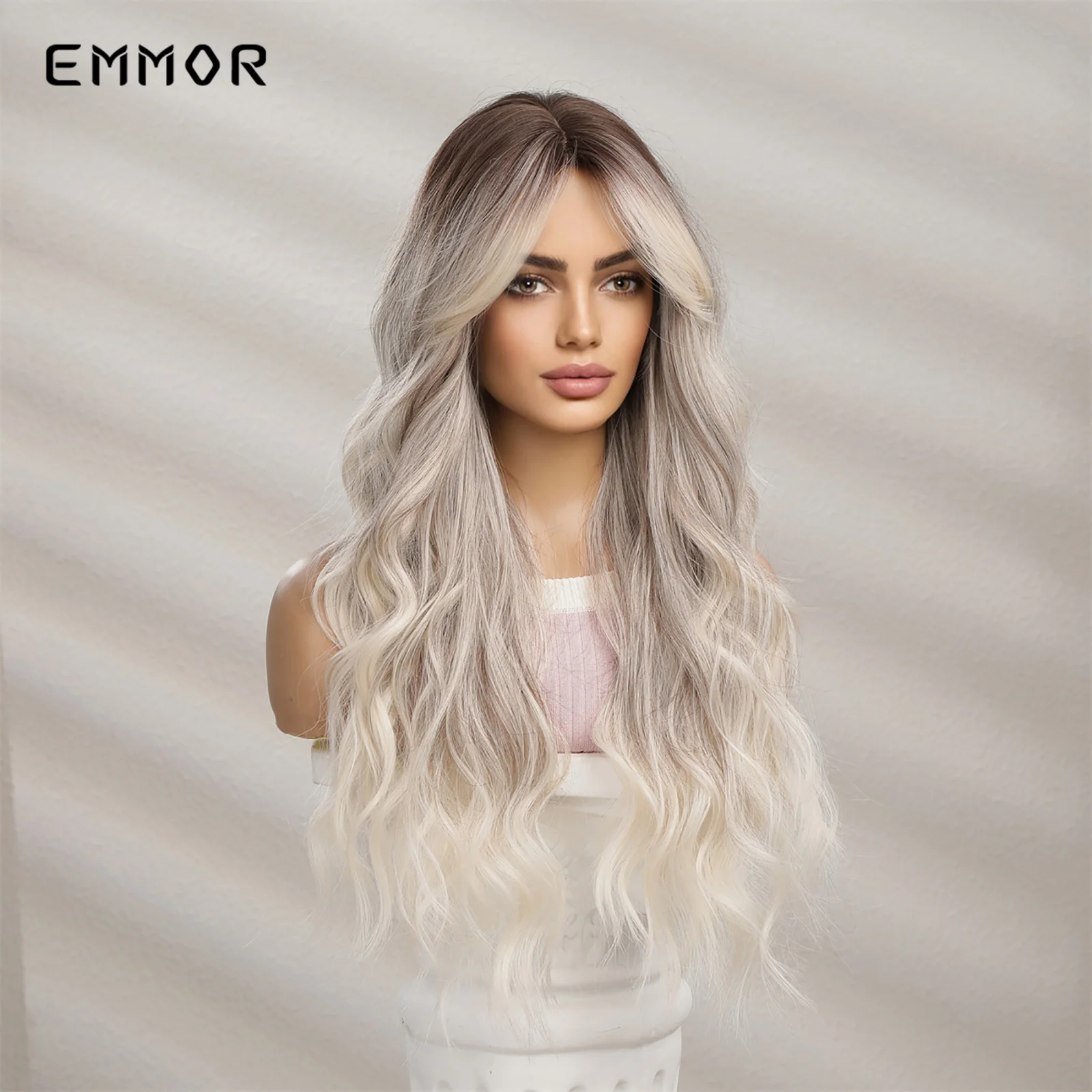 Emmor Synthetic Long Wavy Wigs with Bangs for Women Cosplay Natural Ombre Black to Light Blonde Hair Wig High Temperature Fiber