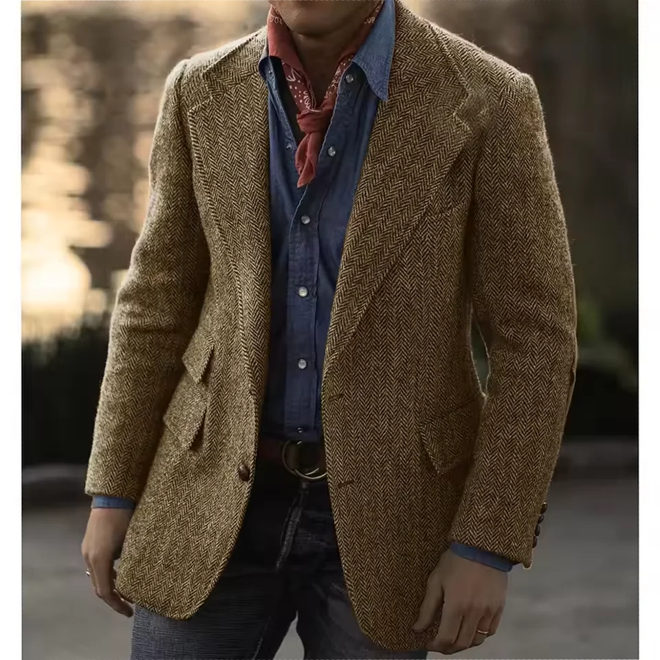 British Men's Herringbone Tweed Blazer Wool Blend Notch Lapel 2 Button Multiple Pockets Slim Fit Casual Business Tweed Sport Coa
