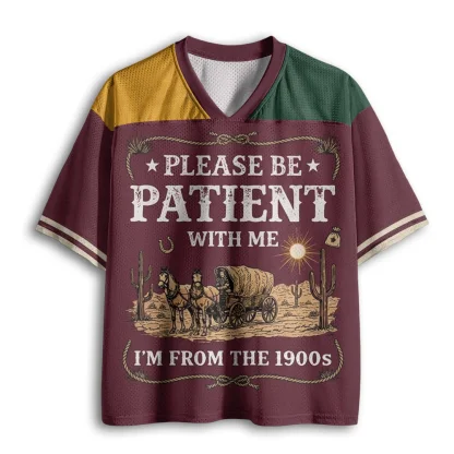 V Neck Mesh Jersey Short Sleeve Western Wagon Cactus Vintage Print Top