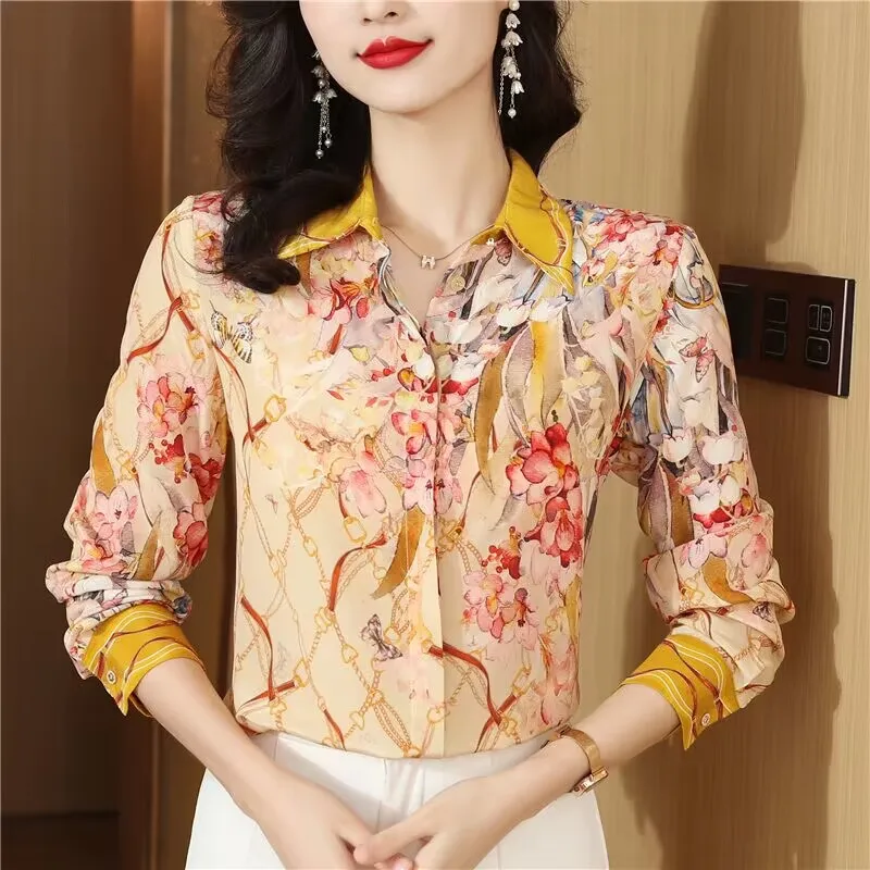 

Export Shirt Women Top Spring New Genuine Printed Mulberry Silk Blouse
