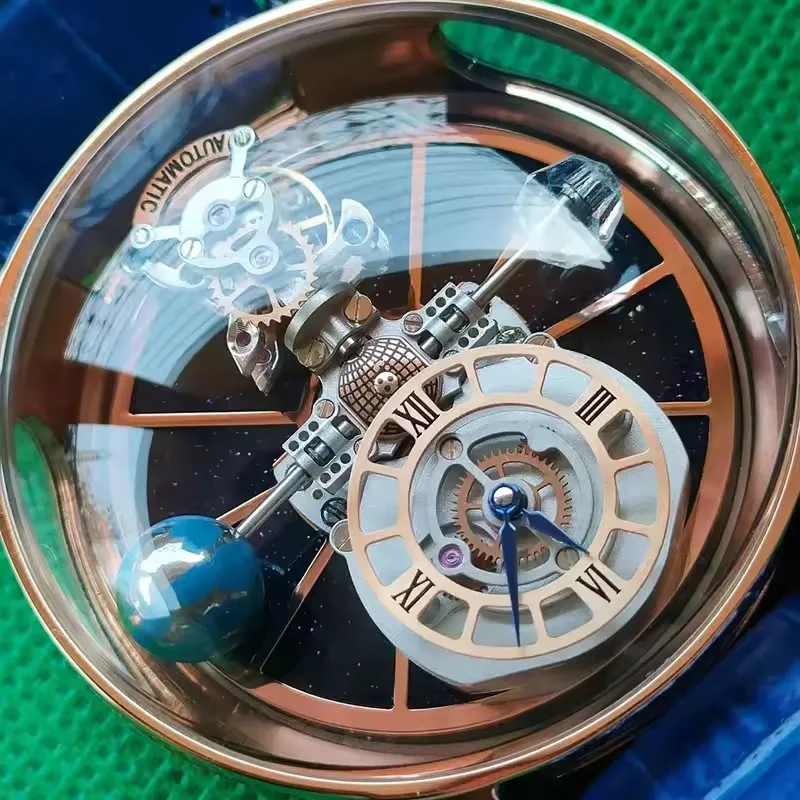 PINDU Design Orologio da polso da uomo Design cavo trasparente Roulette celeste Orologi al quarzo Scatola per orologi da uomo in pelle resistente all'acqua