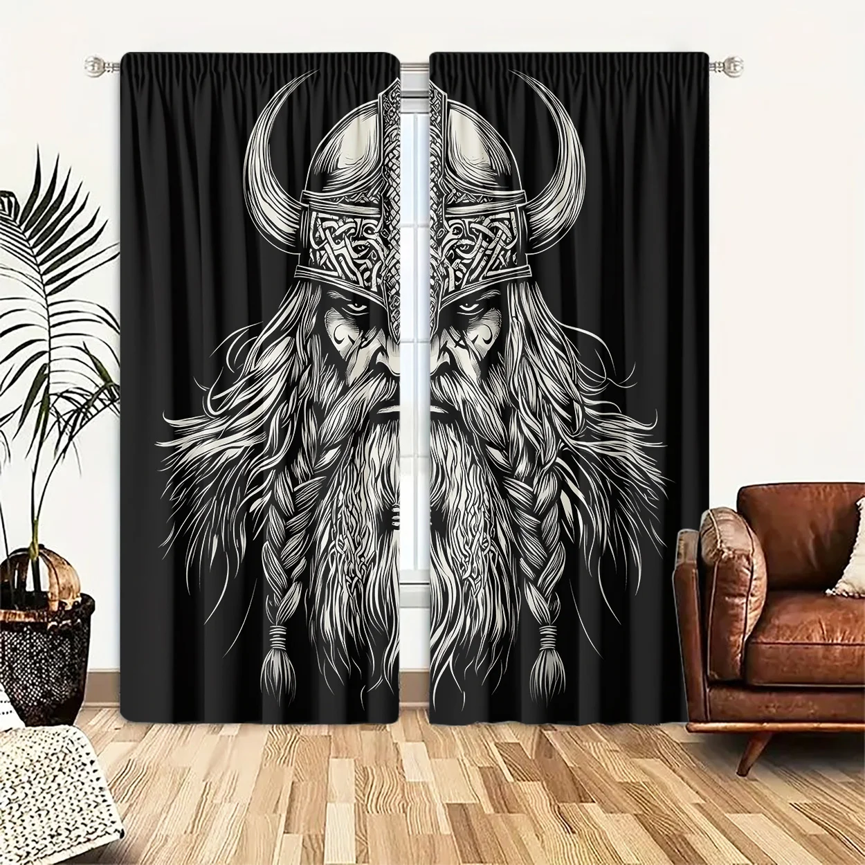 Gothic Viking Man Curtain 2 Panels,Horn Helmet Celtic Pattern Bearded Warrior Allover Black ,Curtains for Lounge Kitchen Curtain