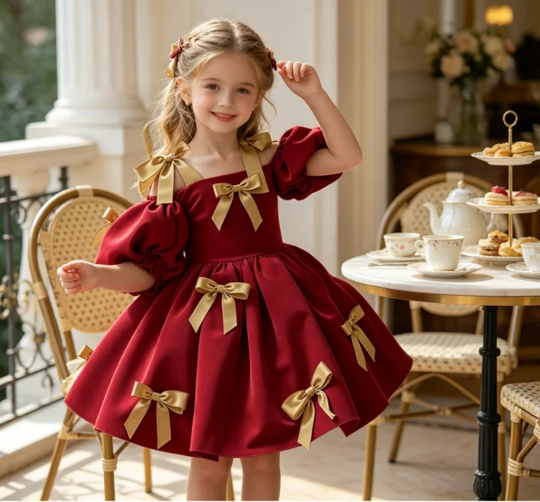 

Girls Dress 2026 Spring Summer New Childrens Clothes Girls Baby Fashion Sweet Gorgeous Bubble Sleeve Bow Princess Dress