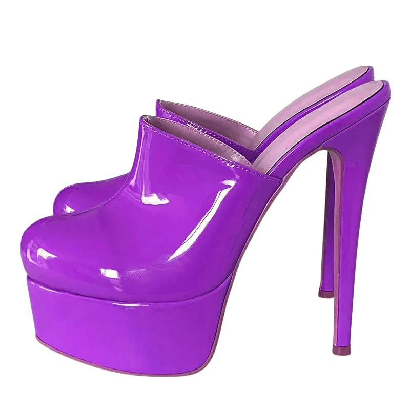 Women Red Patent Platform Mule Heels Closed Toe Slip On Stiletto High Heel Pumps Sexy Party Club Shoes Multi-color