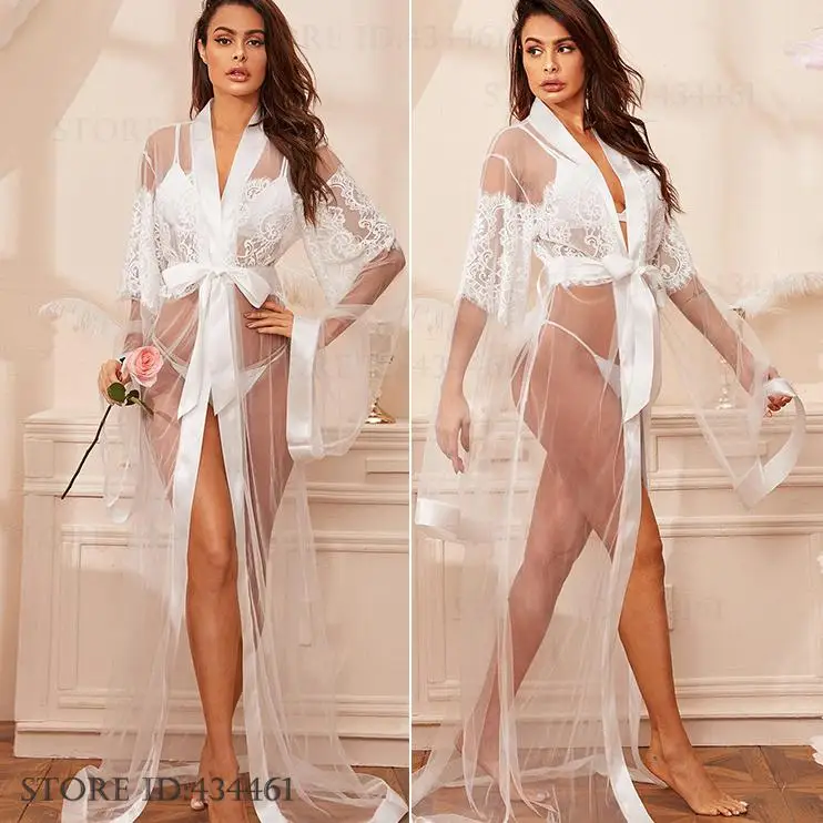 

Elegant Sexy Perspective Mesh Bride Wedding Robe Dress Intimate Lingerie Long Cardigan Bathrobe Kimono Gown Summer Loungewear