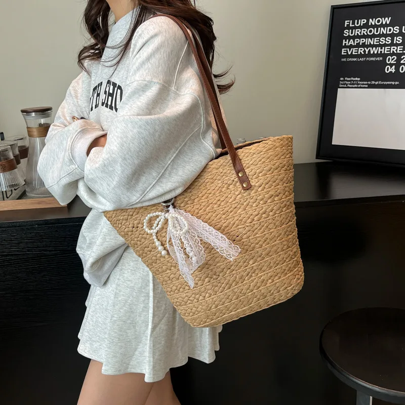 

2025 Eco-Friendly Straw Tote Bag for Women Spacious Adjustable Crossbody Strap Summer Beach Shoulder Purse with Top Handle